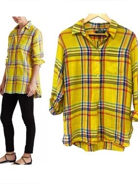Lauren Ralph Lauren Linen Plaid Tunic Shirt Yellow Petite Large LP
